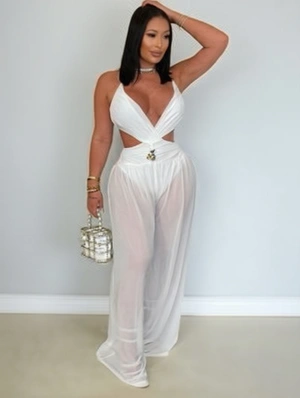 Ruched Sheer V Neck Backless Lace-Up Jumpsuits