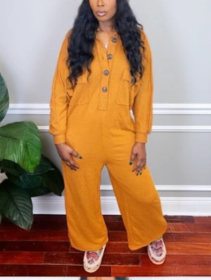 Plain Lapel Button Up Loose Wide Leg Jumpsuits