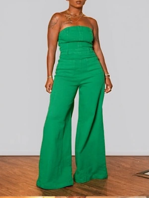 Plain Color Strapless Wide Leg Jumpsuits