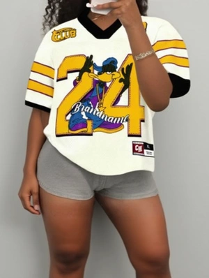 Striped Trim Cartoon Printed V Neck Jerseys