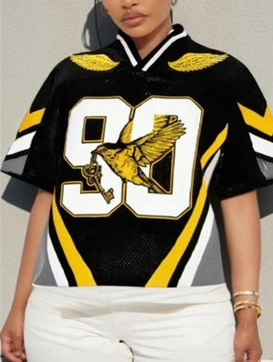 Colorblock Bird Number Printed V Neck Jerseys