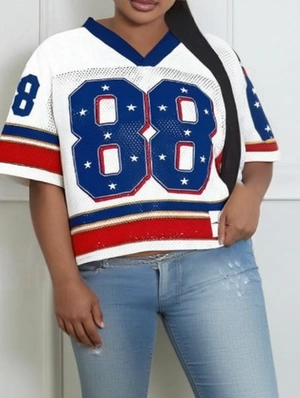 Number Striped Trim Mesh V Neck Loose Jerseys