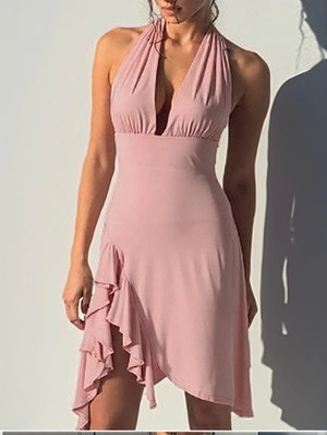 Ruched Halter Backless Split Hem Mini Dress