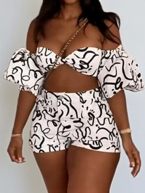 Colorblock Printed Off Shoulder Casual Short Sets