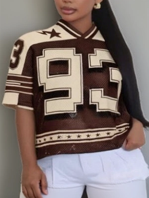 Number Striped Trim Printed V Neck Jerseys