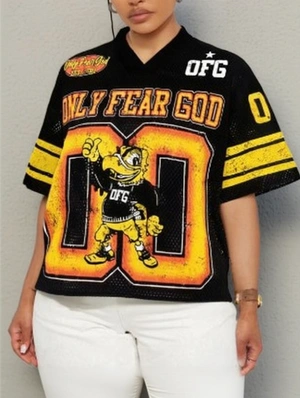 Cartoon Letter Print Mesh V Neck Jersey