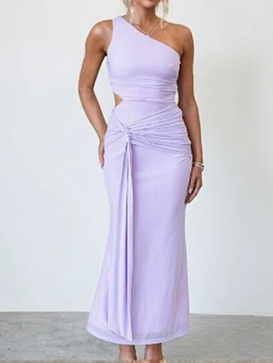 Ruched Cutouts One Shoulder Ribbons Maxi Dress