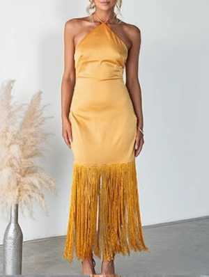 Tassel Halter Backless Lace-Up Maxi Dress