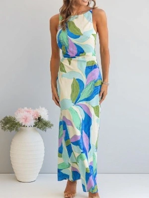 Colorblock Printed Backless A-line Maxi Dress