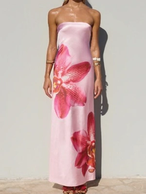 Floral Printed Strapless Fitted A-line Maxi Dress