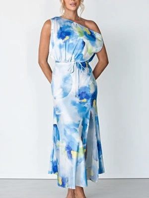 Inclined Shoulder Colorblock Split Hem Maxi Dress