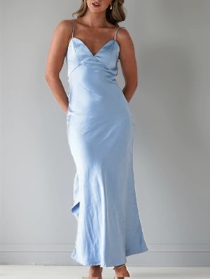 Metallic Satin V Neck Backless Lace Up Maxi Dress