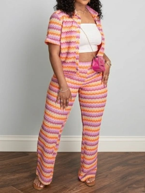 Colorblock Striped Casual Loose Shirt Pant Sets