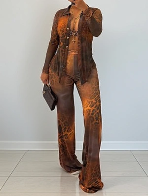 Leopard Printed Gauze Shirt Flared Pant Sets