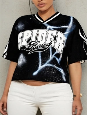 Letter Flame Printed V Neck Mesh Jerseys