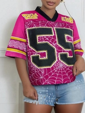 Spider Net Striped Trim Mesh V Neck Jerseys