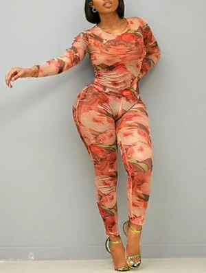 Colorblock Flower Printed Bodycon Pant Sets