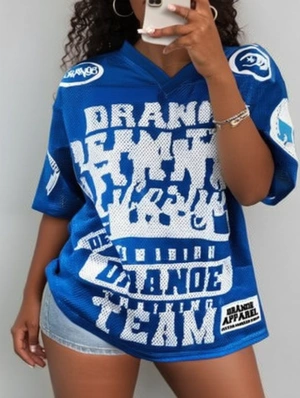Colorblock Letter Printed Mesh V Neck Jerseys