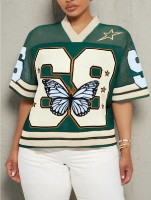 Butterfly Number Printed Mesh V Neck Jerseys