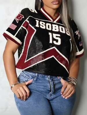 Colorblock Letter Number Printed V Neck Jerseys
