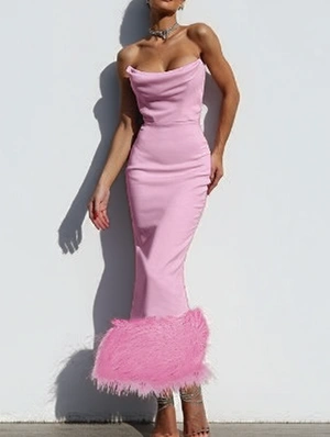 Strapless Fake Fur Split Hem Maxi Dress