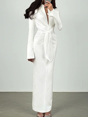 Tie-wrap Lapel V Neck Zipper Split Hem Maxi Dress