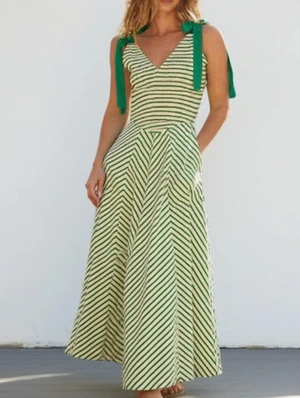 Striped Backless Lace-Up Smocked Maxi Dress
