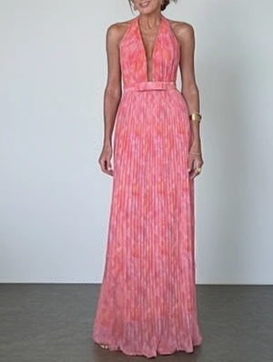 Pleated Halter V Neck Backless Lace-Up Maxi Dress