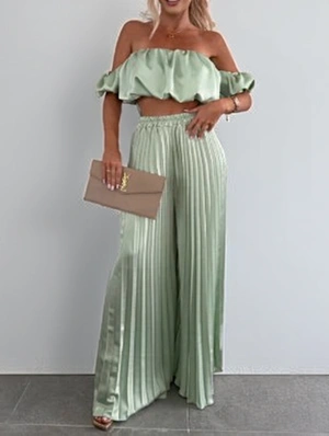 Pleated Off Shoulder Cropped Wide Leg Pant Sets