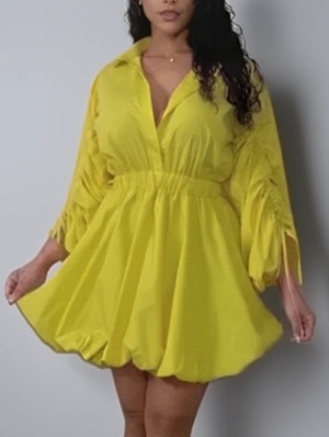 Drawstring Ruched Shirt Bubble Mini Dress