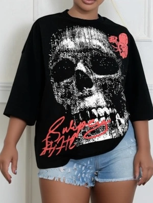 Skull Letter Printed Crewneck Loose T-shirts