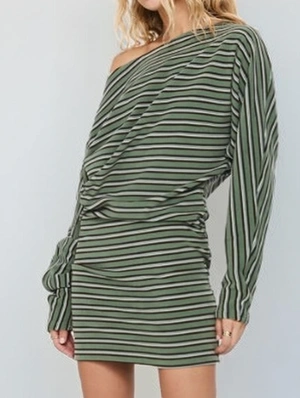 Striped Casual Inclined Shoulder Mini Dress