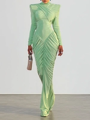 Solid Highneck Ruched Backless Maxi Dress