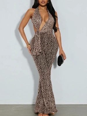 Leopard Halter Backless Wide Leg Jumpsuits