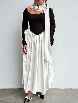 Colorblock A-line Off Shoulder Ribbons Maxi Dress