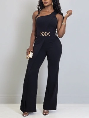 Metal Decor One Shoulder Wide Leg Jumpsuits