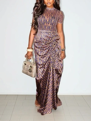 Colorblock Ruched Short Sleeve Maxi Dress