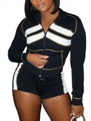 Colorblock Seam Line Zipper Sweatshirt Short Sets