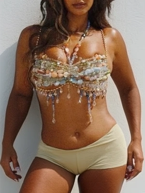 Colorblock Beading Metal Chain Halter Top