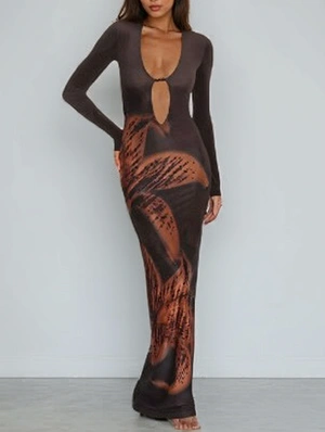 Floral Printed Hollow-out V Neck Fitted Maxi Dress