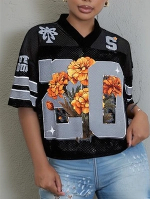 Floral Striped Mesh V Neck Loose Jerseys