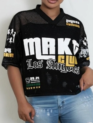 Letter Printed Mesh V Neck Loose Jersey