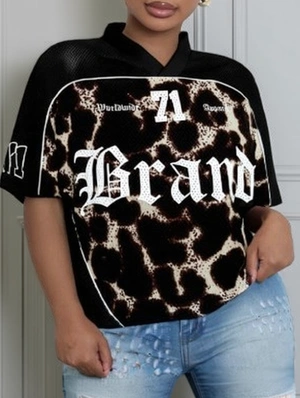 Leopard Printed Mesh V Neck Loose Jerseys