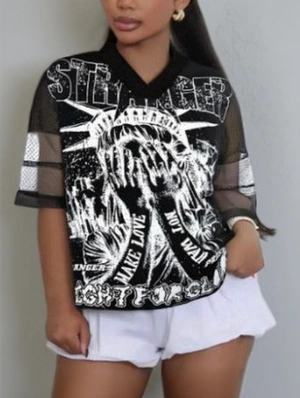 Abstract Letter Printed Mesh V Neck Jerseys