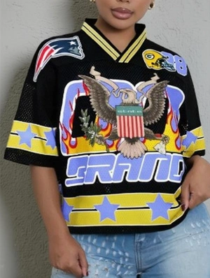 Colorblock Eagle Star Print V Neck Jerseys
