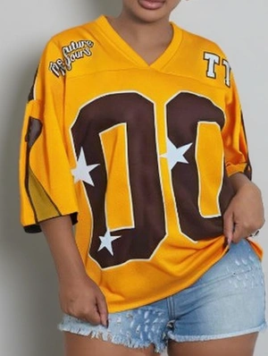 V Neck Mesh Letter Star Printed Jerseys