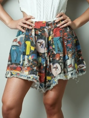 Distressed Graffiti Denim Raged Hem Shorts
