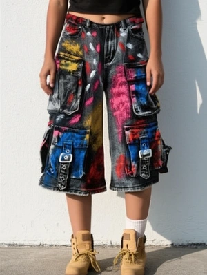 Denim Graffiti Multi Pocket Cargo Knee Shorts