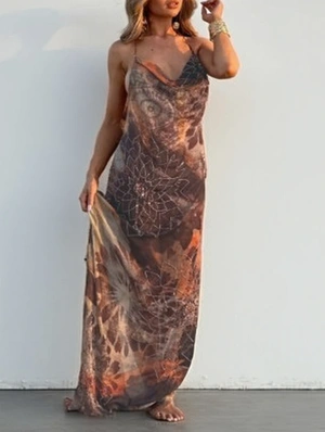 Beading Gauze Sheer Backless Split Hem Maxi Dress