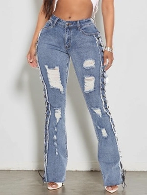 Ripped Denim Eyelets Tie-wrap Raged Hem Jeans